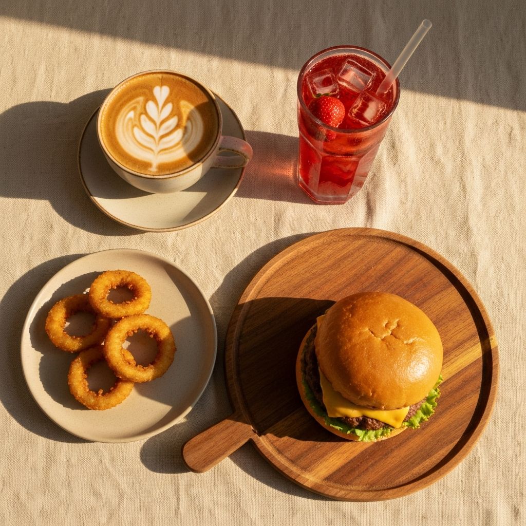 Overhead view of a latte, sandwich, and fresh juice on a Lucky Bite cafe table
